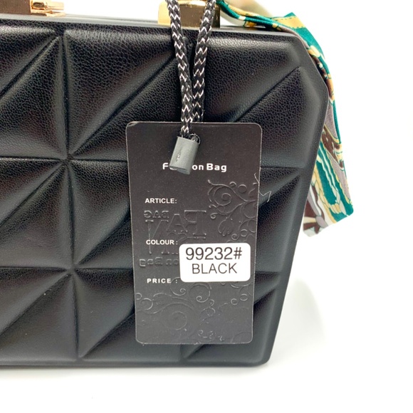 Stylish black quilted blue scarf top handle sling crossbody bag gold-tone chain - Picture 14 of 14